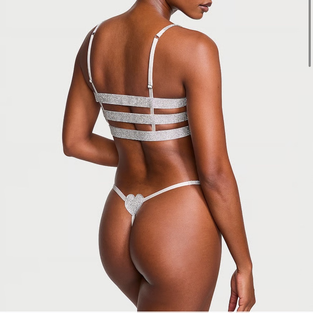 Victoria’s Secret shine bandeau bralette Silver Strappy set top & panties  M NEW